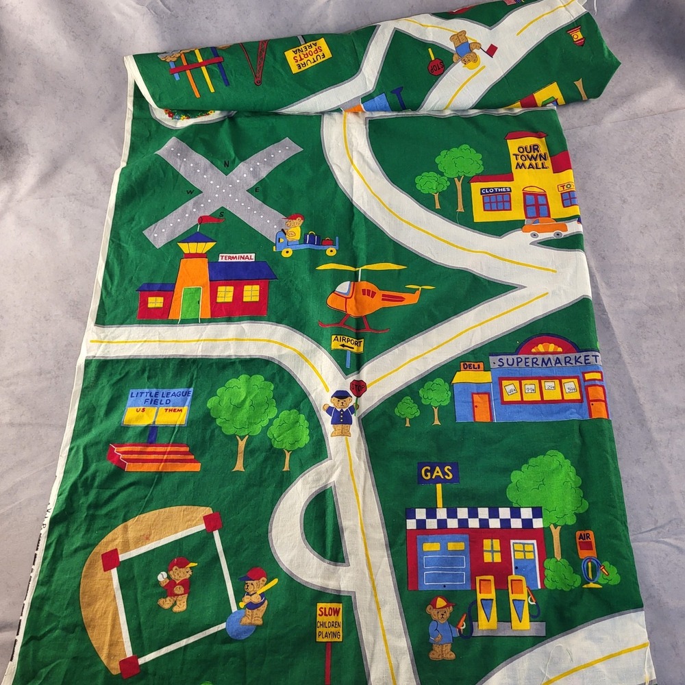 Vintage Kids Our Town Teddy Bear Road Map Play Mat Fabric Panel Traffic 42x54"